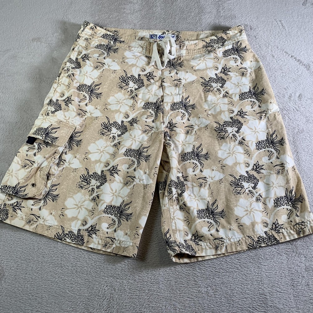 Utility Board Shorts Mens 36 Beige Tropical Floral Hawaiian Swim Trunks‎ Cotton